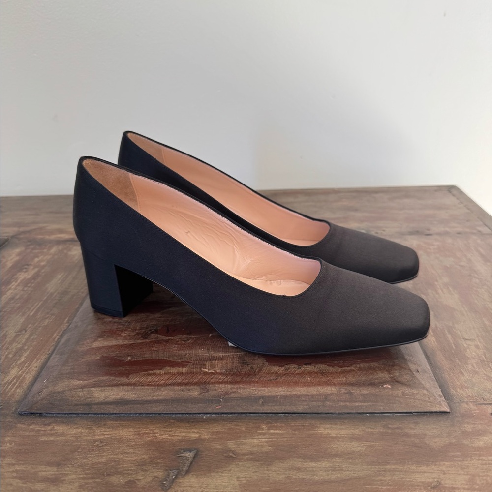 Diane B. Milano classic black satin square toe block heel pumps shoes women 9